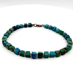 Vintage Silver Tone Bracelet Faux Turquoise Blue Green Cube Square Bead Boho 90s